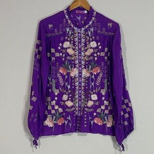 Johnny Was Purple Embroidered Boho Blouse Floral Top Size M
